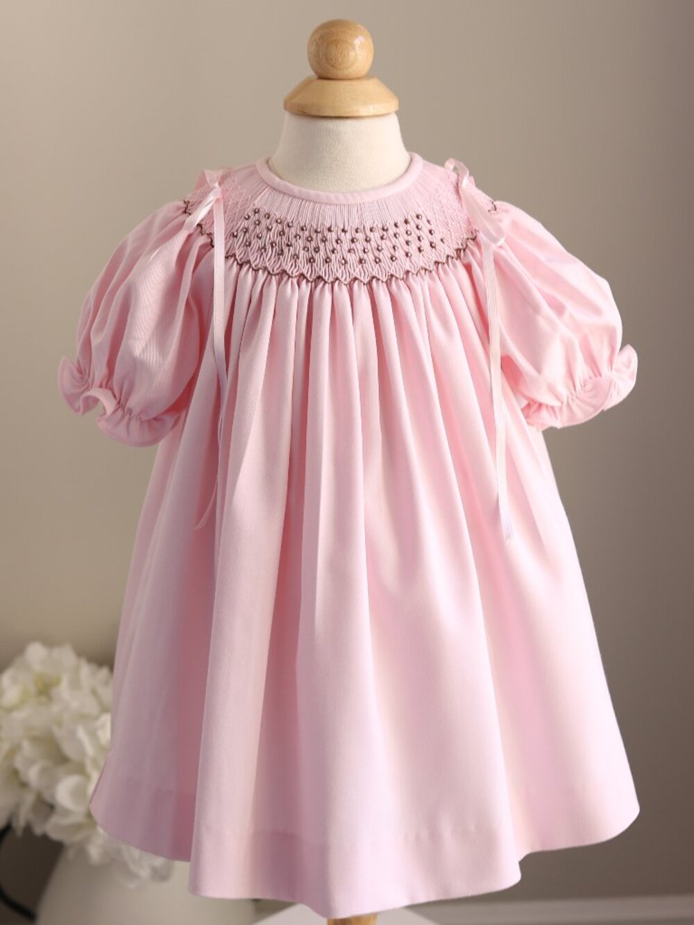 Pink Smocked Bishop Dress Luli & Me Satin Ribbon Bow Shoulders  12M Like New